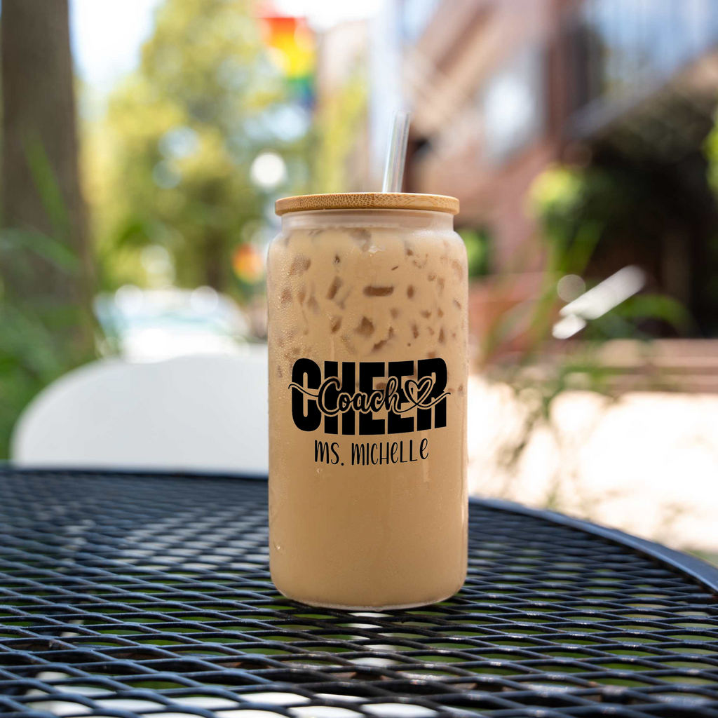 Custom Cheer Game Day 16oz Glass Coffee Can with Lid
