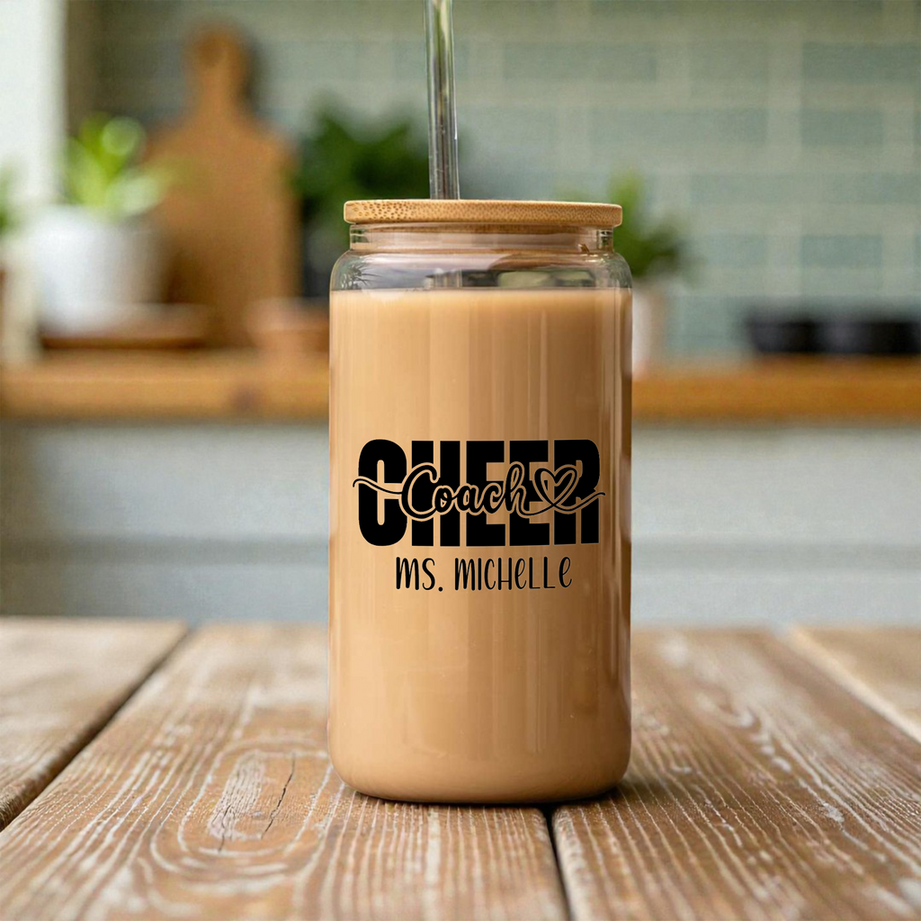 Custom Cheer Game Day 16oz Glass Coffee Can with Lid